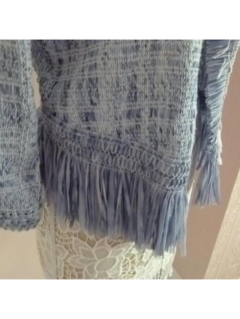 White House Black Market Fringe Sweater Jacket baby blue white Small - Picture 5 of 9